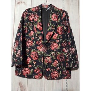 Sugar Lips Womens Floral Blazer Jacket Black Pink Peony Lapel Button Medium